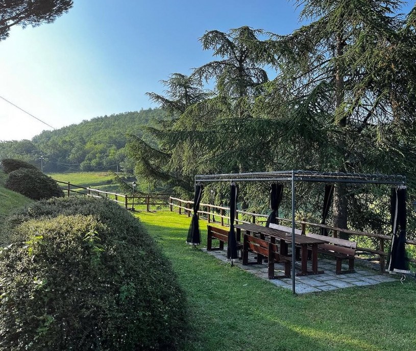 Pergolato con lunghi tavoli e panche in legno, tra i cedri, affacciato sulla valle